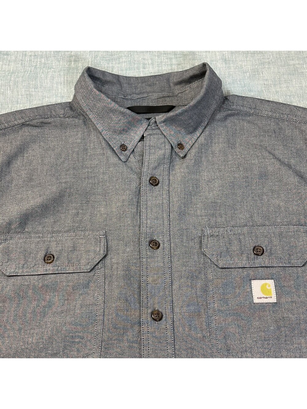 Carhartt Work Shirt Mens 2XL Tall Blue Chambray Short Sleeve Loose Fit 104369